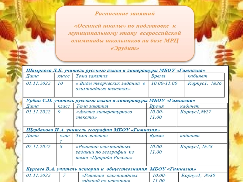 Расписание занятий «Осенней школы».